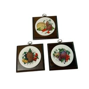 Wood Ceramic Fruit Tile Wall Decor Set of 3 Square Pineapple Cherries Farmhouse